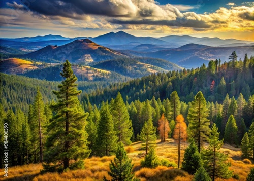 Eldorado National Forest's picturesque landscape features golden rolling hills, pines, and a majestic mountain range in the distance.