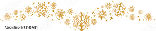 Snowflakes border in wave shape.Golden snowflakes with stars border. Golden snowflakes wave vector. Christmas decoration. Template with a gold snowflake .