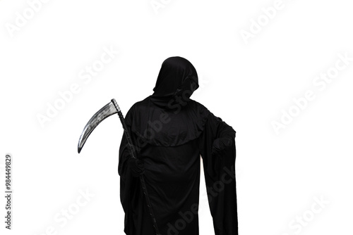 Grim reaper in Halloween costume holding scythe and impatiently checking wristwatch