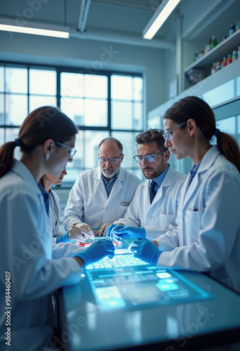 Cell Therapy Research Team: Scientists Analyze Data on Interactive Table in Modern Biotech Lab