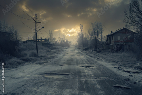 Eerie winter scene of a desolate road running through a ghost town, with dilapidated houses and a hauntingly beautiful sunset backdrop