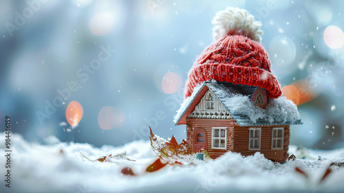 house in winter heating system concept and cold snowy weather with model of a house wearing a knitted cap