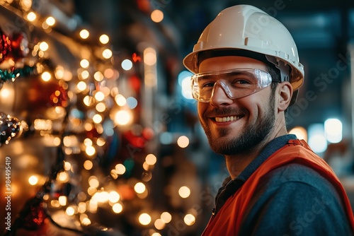 Smiling worker in hard hat with festive lights backdrop.