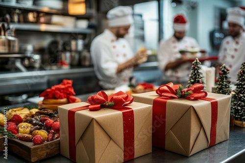 Chefs prepare festive feast with Christmas gifts in focus