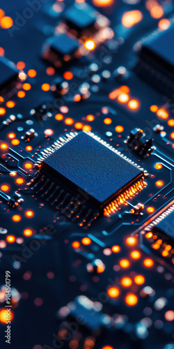 Close-up view of a microchip on a circuit board, showcasing intricate design and glowing connections, perfect for technology themes.