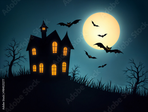 Casa infestata su collina con pipistrelli e luna piena – Illustrazione di Halloween spettrale