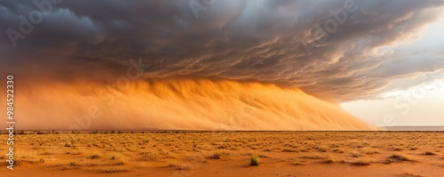 A breathtaking view of a sandstorm approaching over a vast desert landscape, with dramatic clouds and golden hues.