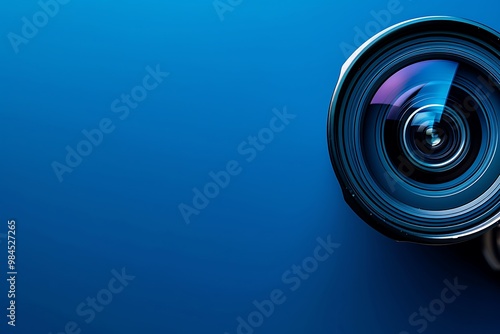 Camera lens on blue background