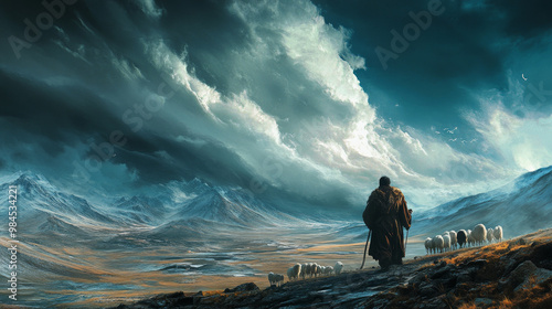 A Tibetan shepherd leading his flock across the highlands, the vast landscape stretching out beneath a brilliant sky