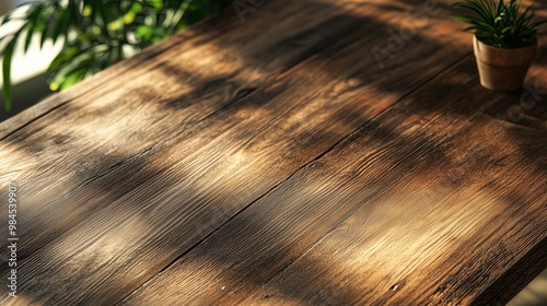 Wooden table top angle view close up mock up. Wooden texture background. Sunlight on a wooden table