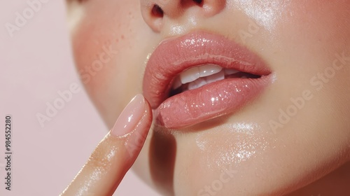 Close-up of soft pink lips with glossy finish, highlighting natural beauty and smooth application of lip gloss on a serene white background