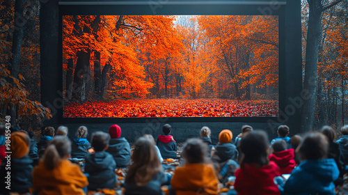 Digital classroom with autumn landscape on interactive whiteboard, students using tablets for learning, Modern Autumn Classroom, Tech-Enhanced Education