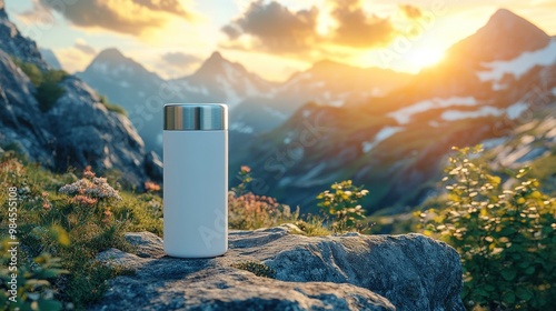 White thermos bottle on a rocky mountaintop at sunset.