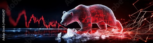 Bear crashing through ice, a red stock chart breaking under it, symbolizing sudden market drops.