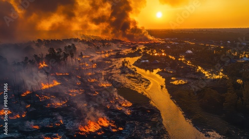 Extreme weather events like hurricanes and wildfires linked to climate change, devastating landscapes