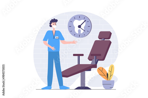 Medicine concept in modern flat design for web. Dentist working in stomatology office and waiting patients by chair for checkup and dentistry procedures, orthodontist service. Illustration.