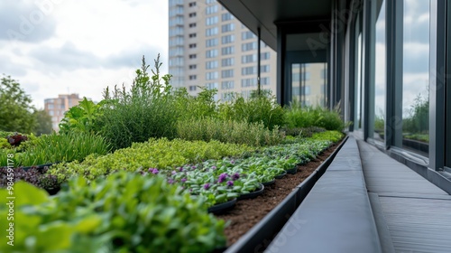 Green roof installation, with plants being added to a rooftop garden, creating an eco-friendly urban space