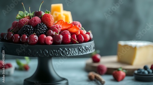 A beautiful fruit platter with strawberries, cherries, and raspberries on an elegant black cake stand, close-up, professional photography, studio lighting