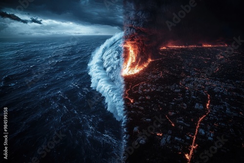 A stark dichotomy of a raging sea and burning land unfolds at night, depicting a landscape torn between the elemental fury of water and fire in a battle of survival.