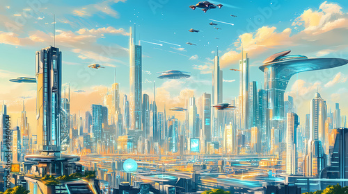 A futuristic city skyline featuring towering glass buildings, flying cars, and advanced technology, illustrating a utopian vision of the future. City Skyline. Illustration