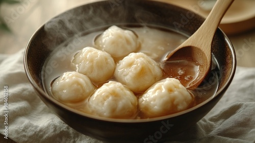 Steaming bowl of dumplings in broth with wooden spoon.