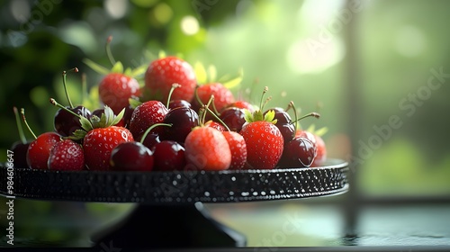 A beautiful fruit platter with strawberries, cherries, and raspberries on an elegant black cake stand, close-up, professional photography, studio lighting