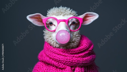 An eccentric lamb blowing bubblegum, accessorized with bright pink glasses and a matching scarf, showing off its playful personality.