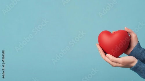 Hands holding a heart, symbolizing health insurance, 3D illustration, copy space for text,