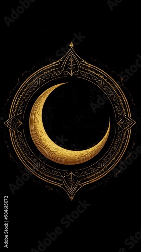 Golden crescent moon within a decorative circular frame on a dark background, symbolizing mystique and tranquility.