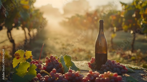 Misty Morning Vineyard with Bottle of Wine on Table Wine Concept Copy Space