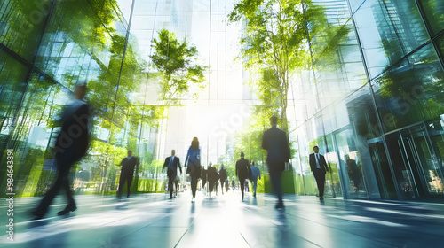 The concept of sustainability in business centers, crowds of business people walking at a corporate office in a green city downtown, abstract motion blur image with blurred background, generative AI