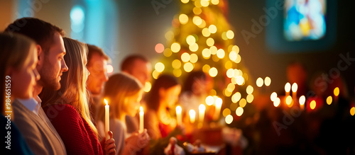 A Christmas Eve service in a beautifully lit church, with families holding candles and singing hymns. The congregation listens to a pastor giving a sermon about the birth of Jesus,