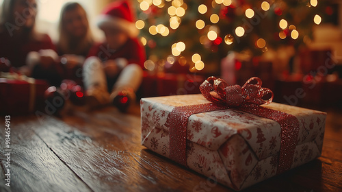 Christmas gift with blurred background family. Concept of happy and reunited family at christmas opening gifts from Santa Claus.