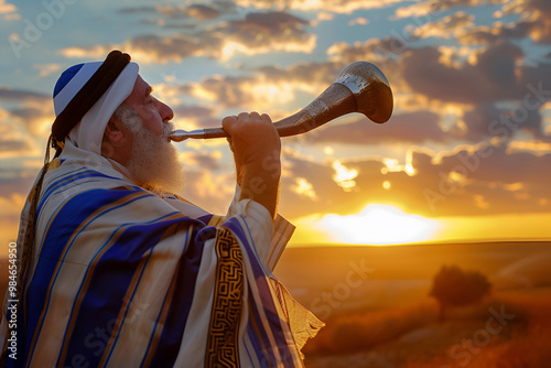 Elderly man blowing a shofar at sunset to mark Yom Kippur in a scenic desert landscape