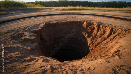 Large, deep circular hole with smooth, excavated edges in a barren, dry earth landscape under open sky.