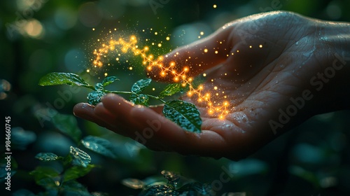 A hand caresses plant leaves in an outdoor nursery, with genetic symbols and chromosomal structures hovering in the air