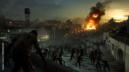 A horde of zombies attacking a lone survivor on a rooftop, with the city burning in the distance.