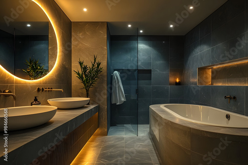 The bathroom features a gray marble surface, LED lighting, double sinks, and a freestanding bathtub