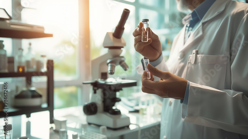 Scientist holding experimental drug vial in laboratory, conducting medical research with microscope and equipment in background, shallow depth of field, symbolizing drug trials and scientific discover