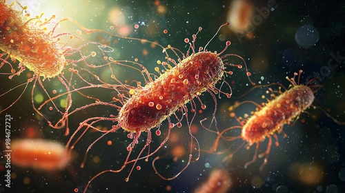 Detailed illustration of a bacterial chemotaxis process, showing movement toward chemicals. Bright colors on a dark background.