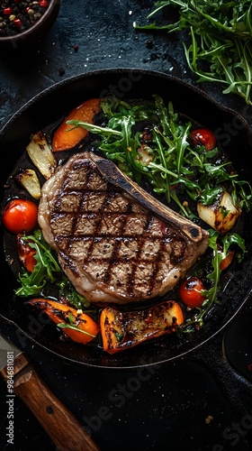 Steak with grilled vegetables in a cast-iron pan on a dark background, top view. Close-up of a food dish with steaks and greens for a presentation or promotional campaign of a restaurant or fast-food 