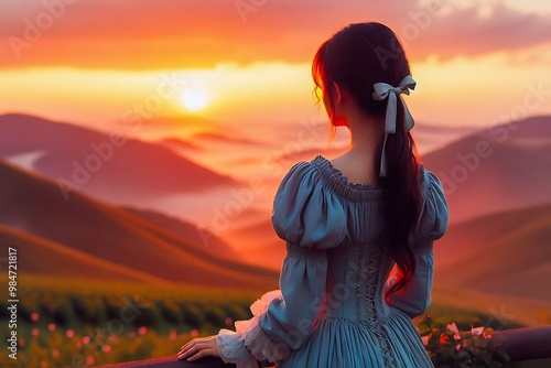 A woman dressed in a period costume reminiscent of Jane Austen’s era stands before an opulent mansion as the sun sets, casting a warm glow