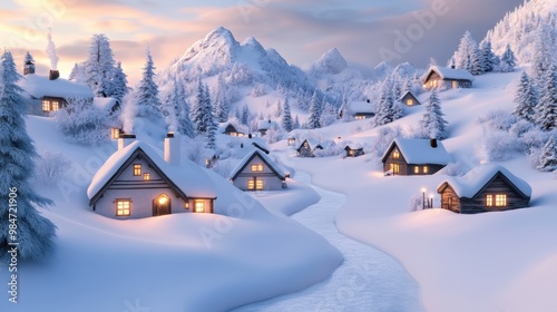 A snowy village with a stream running through it in the middle of winter, AI