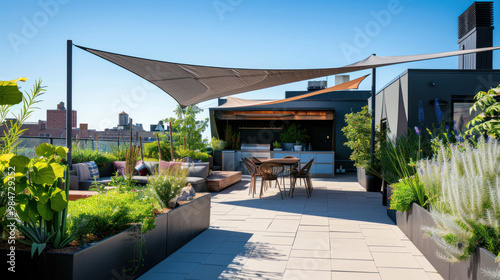 A rooftop garden with strategically placed shade sails providing protection from the sun, creating a cool and inviting outdoor space even in hot weather