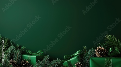 Christmas gifts with green wrapping and pinecones on a rich green background.