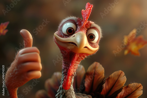 Whimsical animated turkey giving a thumbs up, set in a lush forest background, creating a cheerful and fun scene. 