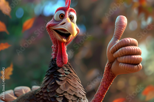 Whimsical animated turkey giving a thumbs up, set in a lush forest background, creating a cheerful and fun scene. 