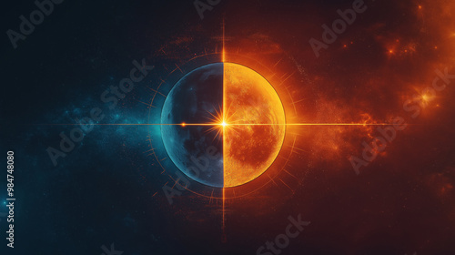 Celestial Balance, featuring an abstract sun and moon on opposite ends of the poster, connected by a glowing equinox line, with copy space, The September Equinox