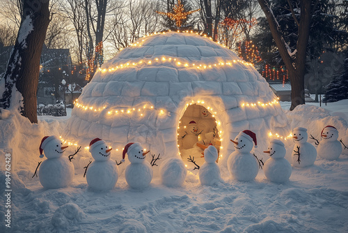 Snowman Family Gathering Around a Festive Igloo