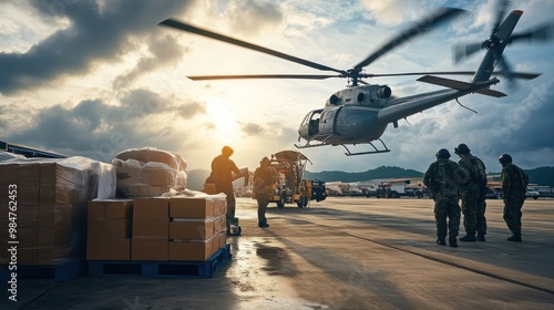 Logistics for disaster relief, showing coordinated teams unloading emergency supplies and equipment from helicopters and trucks